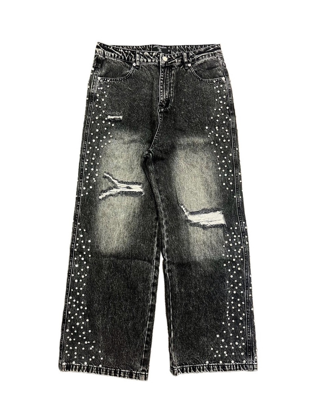 Black Distressed Straight-Leg Jeans with Stud Detail - unisex